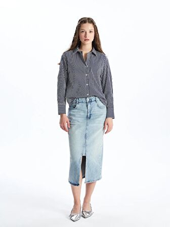 Çizgili Uzun Kollu Oversize Poplin Kadın Gömlek