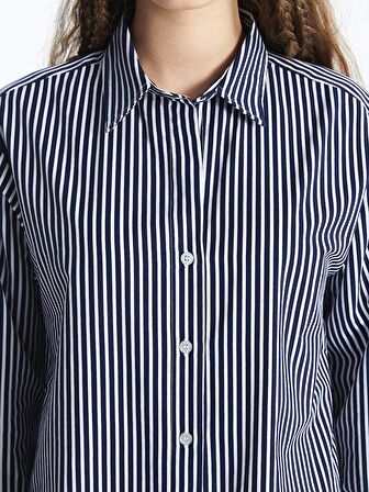Çizgili Uzun Kollu Oversize Poplin Kadın Gömlek