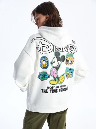 Kapüşonlu Mickey ve Arkadaşları Baskılı Uzun Kollu Oversize Kadın Fermuarlı Sweatshirt