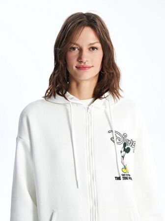 Kapüşonlu Mickey ve Arkadaşları Baskılı Uzun Kollu Oversize Kadın Fermuarlı Sweatshirt