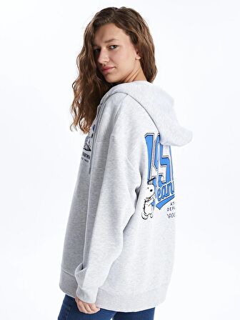 Kapüşonlu Snoopy Baskılı Uzun Kollu Oversize Kadın Fermuarlı Sweatshirt