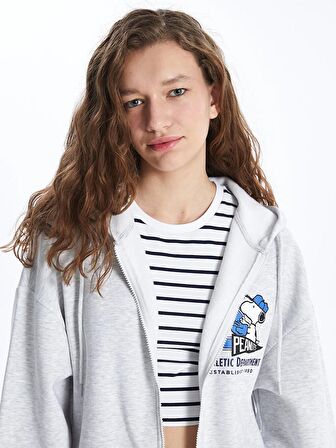 Kapüşonlu Snoopy Baskılı Uzun Kollu Oversize Kadın Fermuarlı Sweatshirt