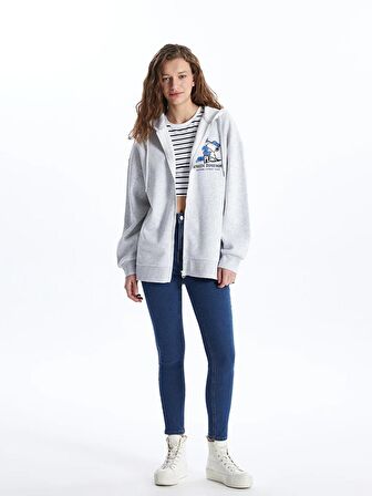 Kapüşonlu Snoopy Baskılı Uzun Kollu Oversize Kadın Fermuarlı Sweatshirt