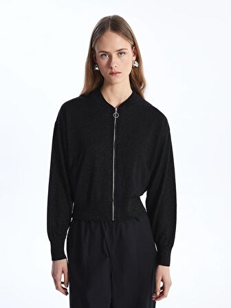Bisiklet Yaka Parlak Görünümlü Uzun Kollu Kadın Fermuarlı Sweatshirt
