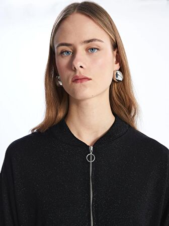 Bisiklet Yaka Parlak Görünümlü Uzun Kollu Kadın Fermuarlı Sweatshirt