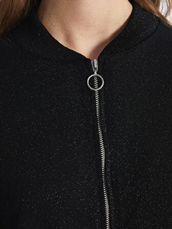Bisiklet Yaka Parlak Görünümlü Uzun Kollu Kadın Fermuarlı Sweatshirt
