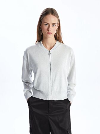 Bisiklet Yaka Parlak Görünümlü Uzun Kollu Kadın Fermuarlı Sweatshirt