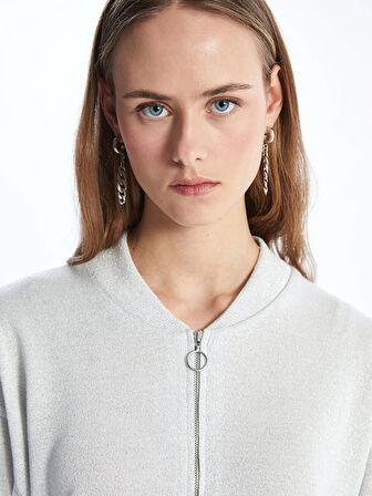 Bisiklet Yaka Parlak Görünümlü Uzun Kollu Kadın Fermuarlı Sweatshirt