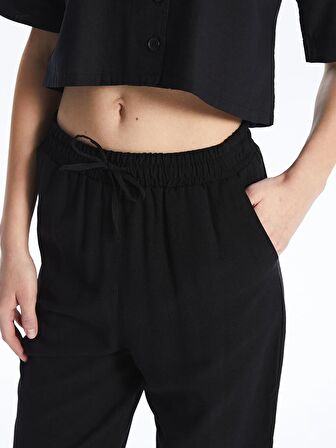 Havuç Kesim Düz Keten Karışımlı Kadın Pantolon