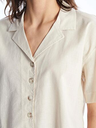 Düz Kısa Kollu Crop Keten Karışımlı Kadın Gömlek