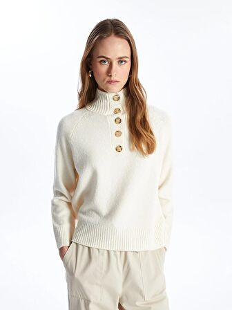 Dik Yaka Düz Uzun Kollu Kadın Triko Kazak