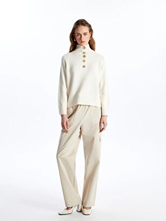 Dik Yaka Düz Uzun Kollu Kadın Triko Kazak