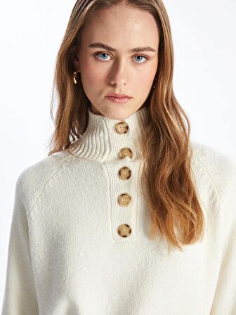 Dik Yaka Düz Uzun Kollu Kadın Triko Kazak