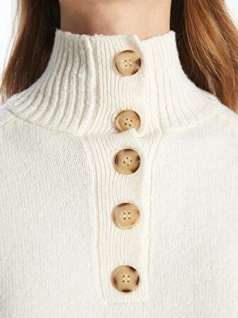 Dik Yaka Düz Uzun Kollu Kadın Triko Kazak