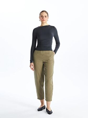 Havuç Kesim Düz Keten Karışımlı Kadın Pantolon