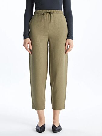 Havuç Kesim Düz Keten Karışımlı Kadın Pantolon