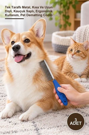 3 Adet Kedi Köpek Tüy Açıcı Tarak – Tek Taraflı Metal, Kısa Ve Uzun Dişli, Kauçuk Saplı, Ergonomik Kullanım, Pet Dematting Comb