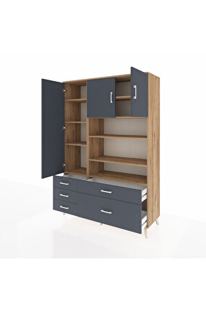 Hyperion Dolap 9 Raflı 5 Çekmeceli 3 Kapaklı 132x44x195 Çam-Antrasit/Antrasit