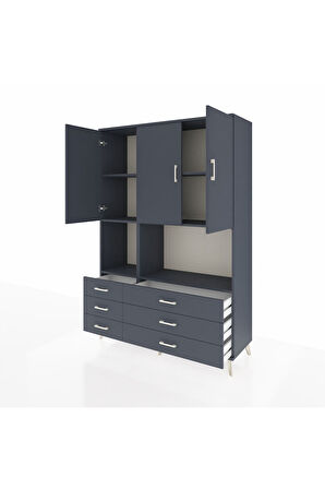 Hyperion Dolap 6 Raflı 6 Çekmeceli 3 Kapaklı 132x44x195 Antrasit-Antrasit/Antrasit