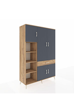 Hyperion Dolap 8 Raflı Tek Çekmeceli 5 Kapaklı 132x44x195 Çam-Antrasit/Çam