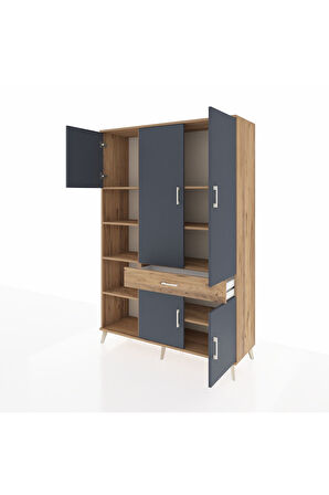 Hyperion Dolap 8 Raflı Tek Çekmeceli 5 Kapaklı 132x44x195 Çam-Antrasit/Çam