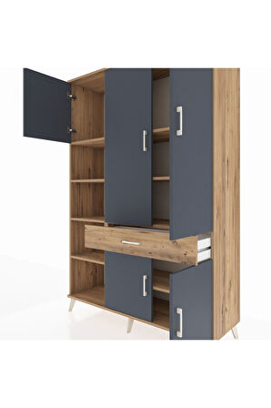 Hyperion Dolap 8 Raflı Tek Çekmeceli 5 Kapaklı 132x44x195 Çam-Antrasit/Çam