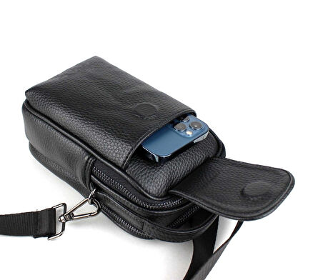 Erkek Siyah Kapaklı Çok Bölmeli El ve Omuz Çantası