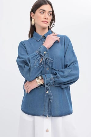 Kolu Bağcıklı Denim Gömlek