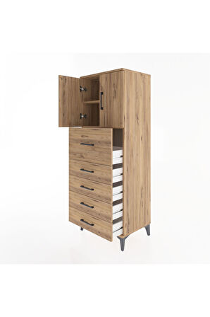 Hyperion Dolap 2 Raflı 5 Çekmeceli 2 Kapaklı 60x44x163 Çam-Çam