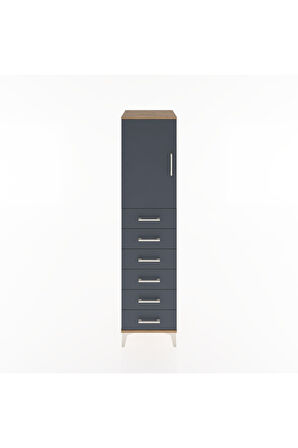 Hyperion Dolap Tek Raflı 6 Çekmeceli Tek Kapaklı 44x44x182 Çam-Antrasit