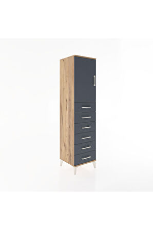 Hyperion Dolap Tek Raflı 6 Çekmeceli Tek Kapaklı 44x44x182 Çam-Antrasit