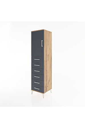 Hyperion Dolap Tek Raflı 6 Çekmeceli Tek Kapaklı 44x44x182 Çam-Antrasit