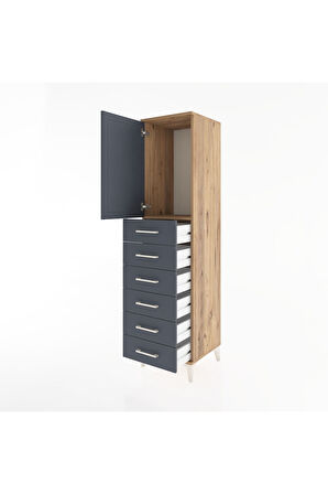 Hyperion Dolap Tek Raflı 6 Çekmeceli Tek Kapaklı 44x44x182 Çam-Antrasit