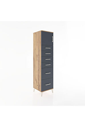 Hyperion Dolap Tek Raflı 6 Çekmeceli Tek Kapaklı 44x44x182 Çam-Antrasit