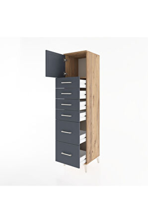 Hyperion Dolap Tek Raflı 6 Çekmeceli Tek Kapaklı 44x44x182 Çam-Antrasit