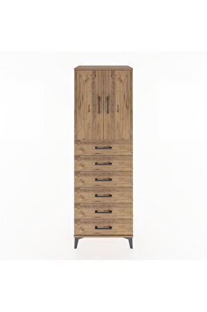 Hyperion Dolap Tek Raflı 6 Çekmeceli 2 Kapaklı 60x44x182 Çam-Çam