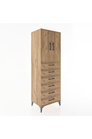 Hyperion Dolap Tek Raflı 6 Çekmeceli 2 Kapaklı 60x44x182 Çam-Çam