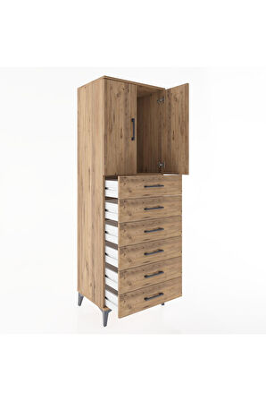 Hyperion Dolap Tek Raflı 6 Çekmeceli 2 Kapaklı 60x44x182 Çam-Çam