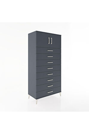 Hyperion Dolap Tek Raflı 8 Çekmeceli 2 Kapaklı 88x44x182 Antrasit-Antrasit