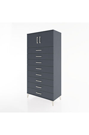 Hyperion Dolap Tek Raflı 8 Çekmeceli 2 Kapaklı 88x44x182 Antrasit-Antrasit
