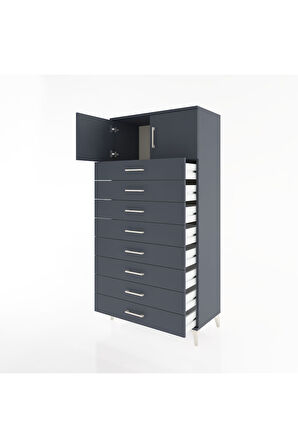 Hyperion Dolap Tek Raflı 8 Çekmeceli 2 Kapaklı 88x44x182 Antrasit-Antrasit