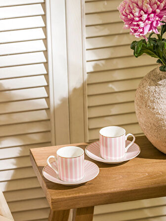 LCW HOME Pembe Çizgi Desenli 2 Kişilik Porselen Kahve Fincan Takımı 90 ml