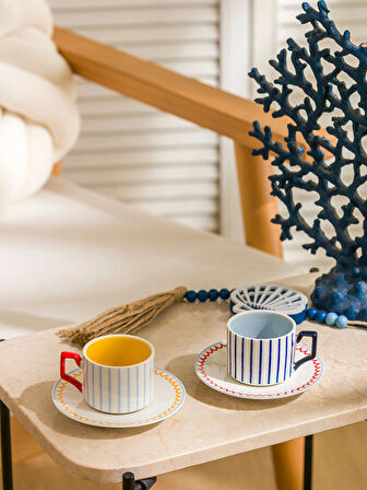 LCW HOME Karişik Çizgi Desenli 2 Kişilik Porselen Kahve Fincan Takımı 90 ml