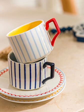 LCW HOME Karişik Çizgi Desenli 2 Kişilik Porselen Kahve Fincan Takımı 90 ml
