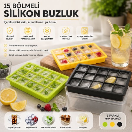Özel Seri İçecek Hazırlığı Mutfak Aracı Sunum Ürünü Renkli Pratik Buz Kalıbı - 15 Bölmeli - Silikon