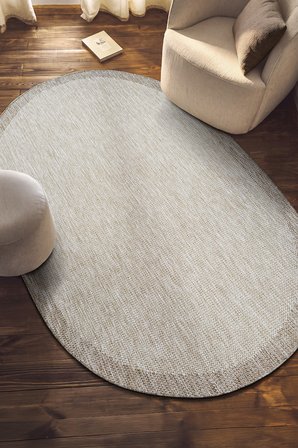 S605-BEJ Bej Oval Sisal Jüt Halı Düz Dokuma Hasır Halı Kaymaz Taban Salon Oturma Odası Halısı