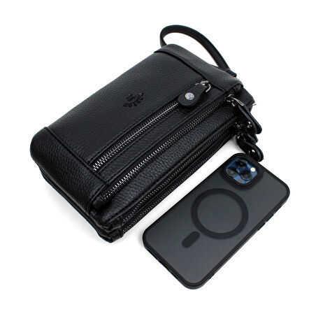 ERKEK SİYAH RENK ÇOK BÖLMELİ KEMERLİ PORTFÖY EL ÇANTASI