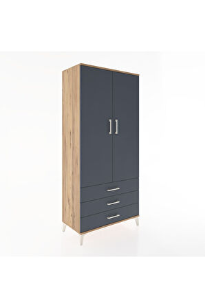 Hyperion Dolap 4 Raflı 3 Çekmeceli 2 Kapaklı 88x44x195 Çam-Antrasit