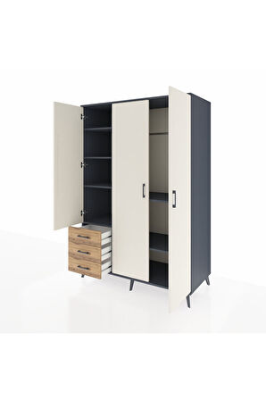 Kronos Dolap 6 Raflı 3 Çekmeceli Tek Askılı 132x59x195 Antrasit-Aytaşı/Çam