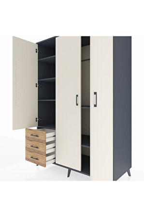 Kronos Dolap 6 Raflı 3 Çekmeceli Tek Askılı 132x59x195 Antrasit-Aytaşı/Çam